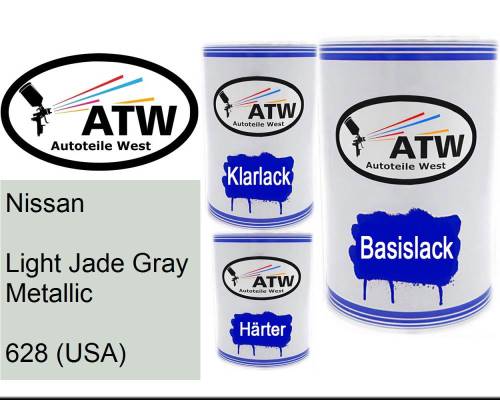 Nissan, Light Jade Gray Metallic, 628 (USA): 500ml Lackdose + 500ml Klarlack + 250ml Härter - Set, von ATW Autoteile West.